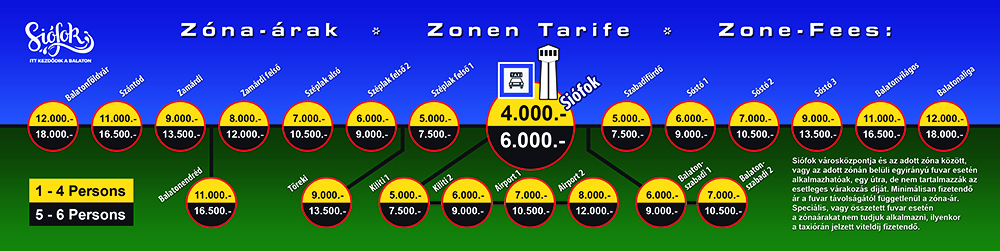 - The taxi prices in Siófok are standardized and established by the decree of the city council. Our city has standard taxi prices, the taxi always leaves from the center of the city. You can find the prices for 1-4 passengers (standard taxi) in the yellow and for 5-6 passengers (minivan taxi or MPV) int he dark sections of the zone-fee table. - The prices of the long-distance trips and airport transfers are not regulated. Our goal is NOT to be one of the cheapest, untrustworthy providers. We would like to provide quality for a reasonable price.